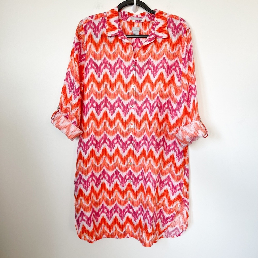 Chico's No Iron Chevron Stripe Linen Shirtdress Pink‎ Orange Womens 16